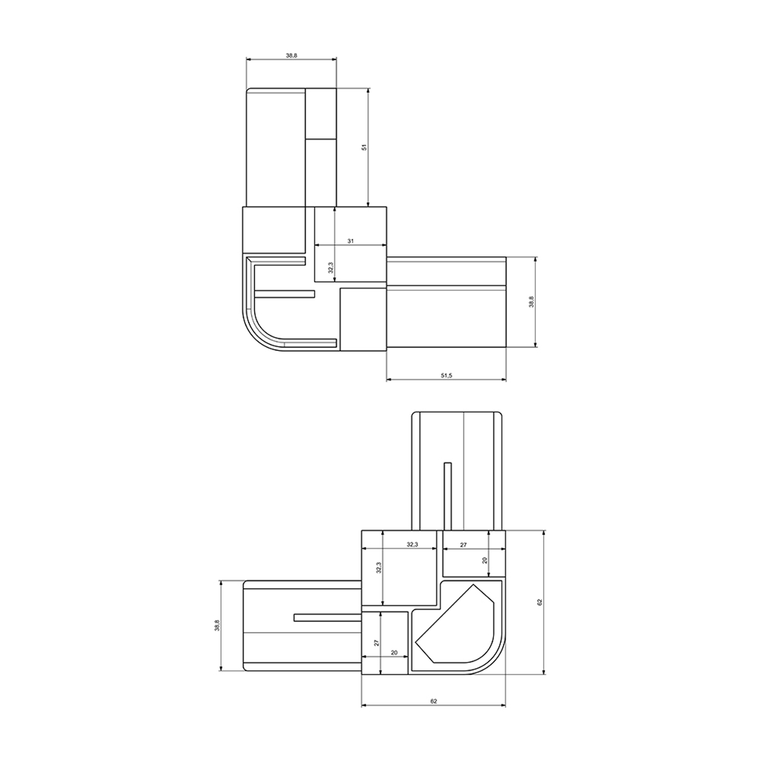 A0002 - 40-25 mm Radius Açılı Alüminyum Köşe A0002 - 40-25 mm Radius Açılı Alüminyum Köşe